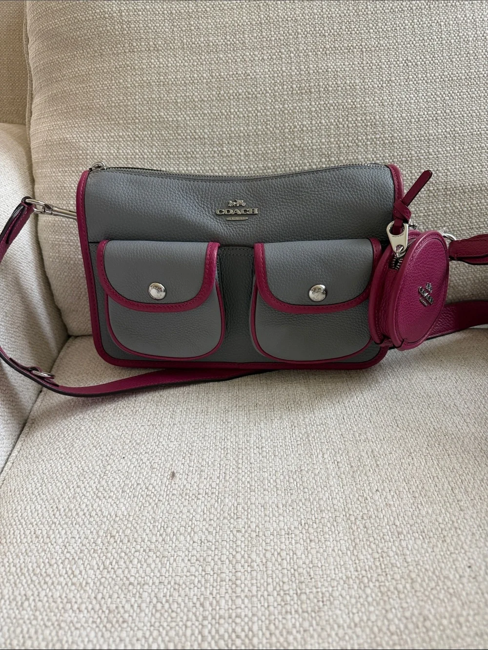 Coach Gray Pebbled Leather Crossbody with Magenta Trim
